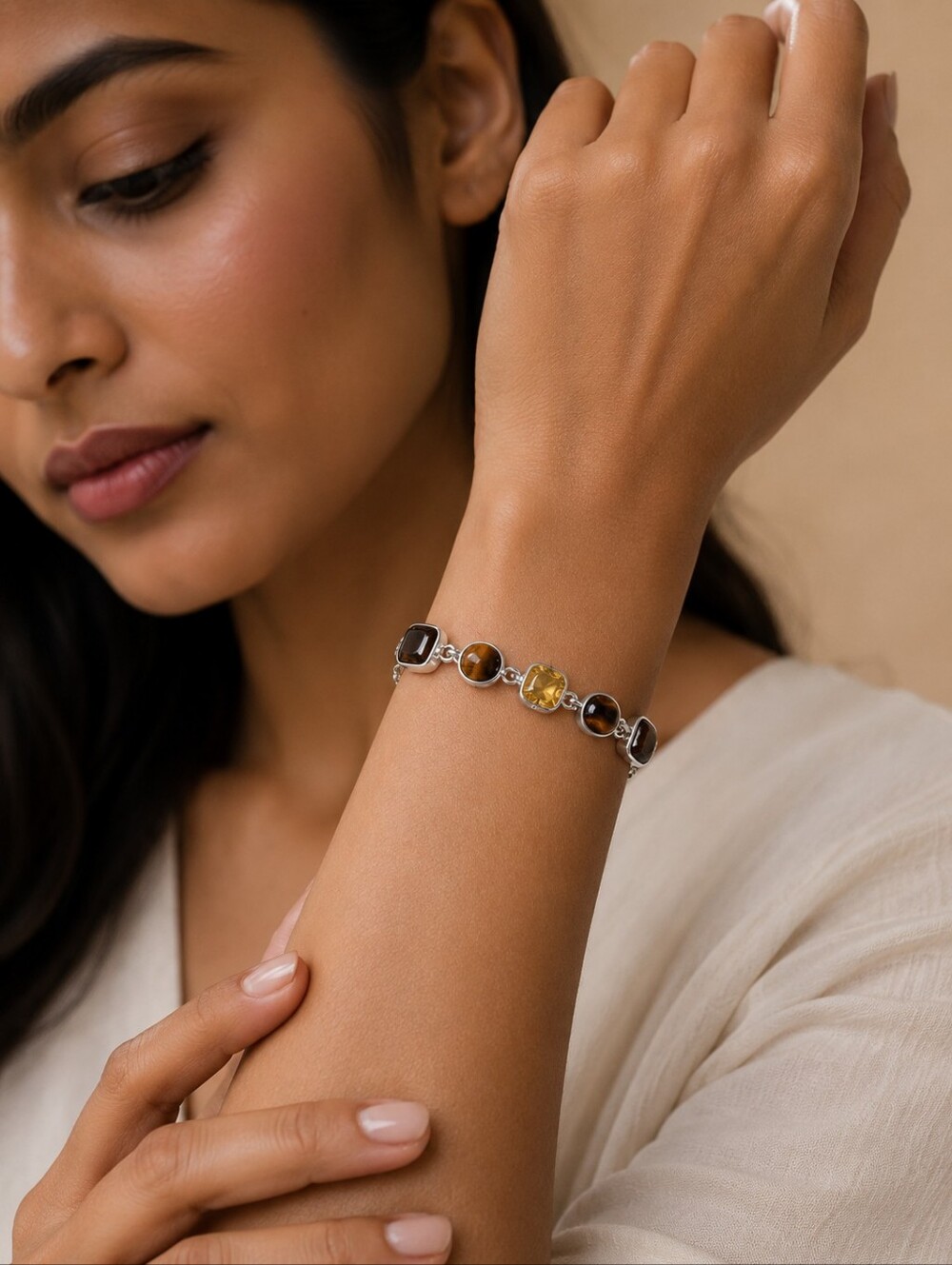 Smoky Quartz, Tigers Eye, Citrine Gemstone 925 Sterling Rhodium Bracelet, 7.5"